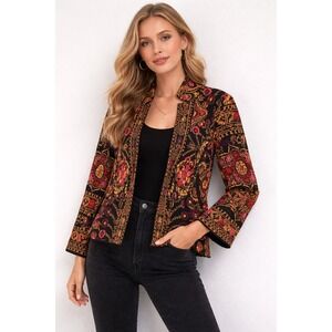 Moth Anthropologie Tapestry Floral Open Front Cardigan Jacket Black Multi XS